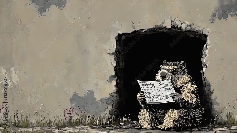 Fototapeta premium charming groundhog studies weather charts in its cozy burrow - perfect poster for any sports lounge or fun home decor!