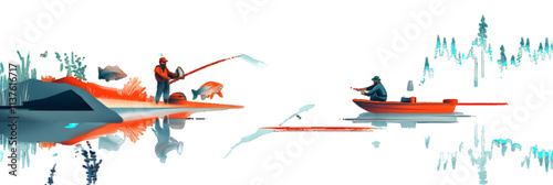 Flat graphic modern illustrations of fishermen catching trophy fish from lake shore on boat in river, white or transparent background