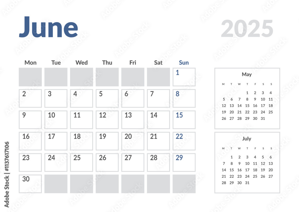 Monthly page Calendar Planner Template of June 2025. Vector layout of calendar with week start Monday for Scheduling. Page for size A4 or 21x29.7 cm Monthly page Calendar Planner Template of June 2025. Vector layout of calendar with week start Monday for Scheduling. Page for size A4 or 21x29.7 cm