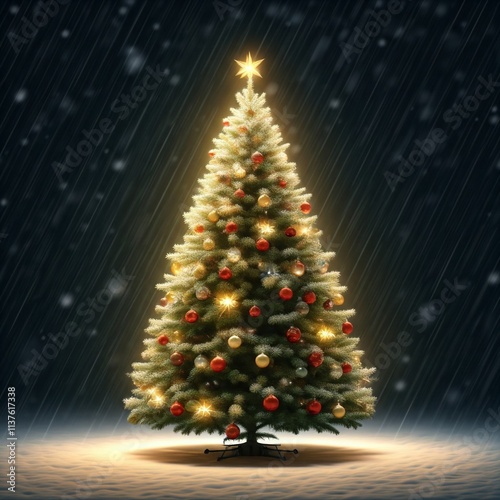 Festive Christmas Tree Illuminated Against a Snowy Night Sky