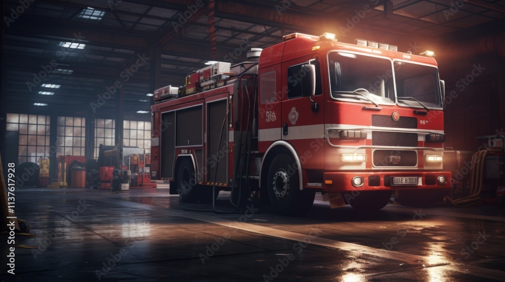 Fire truck parked inside a spacious fire station with equipment in the background during the day Fire truck parked inside a spacious fire station with equipment in the background during the day