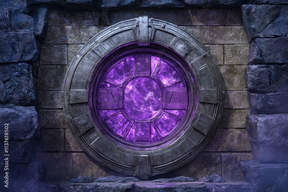 Fototapeta premium Purple window on stone wall