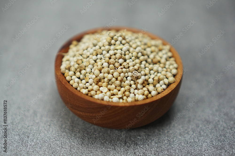 Coriander seeds or Biji Ketumbar in Indonesian, known by the scientific name Coriandrum sativum in a brown wooden patterned bowl isolated on a gray background Coriander seeds or Biji Ketumbar in Indonesian, known by the scientific name Coriandrum sativum in a brown wooden patterned bowl isolated on a gray background