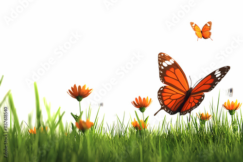 Vibrant Butterflies Fluttering Above Colorful Flowers in Lush Green Grass Under Bright Sky