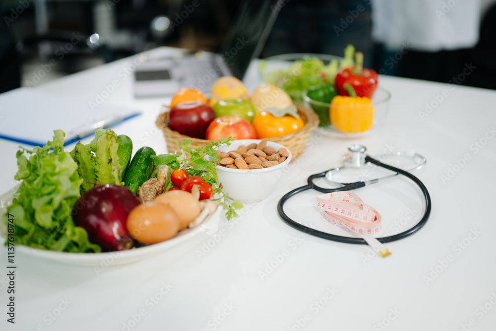 Fresh vegetables, fruits, and healthy food concepts combined with medical nutrition care, wellness, and diet planning Fresh vegetables, fruits, and healthy food concepts combined with medical nutrition care, wellness, and diet planning