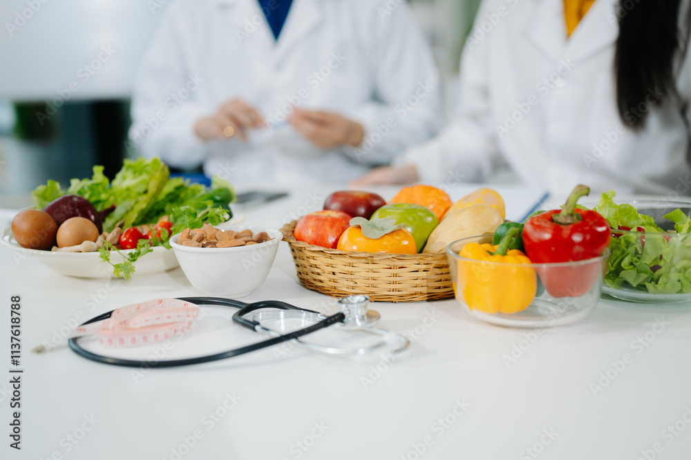 Fresh vegetables, fruits, and healthy food concepts combined with medical nutrition care, wellness, and diet planning