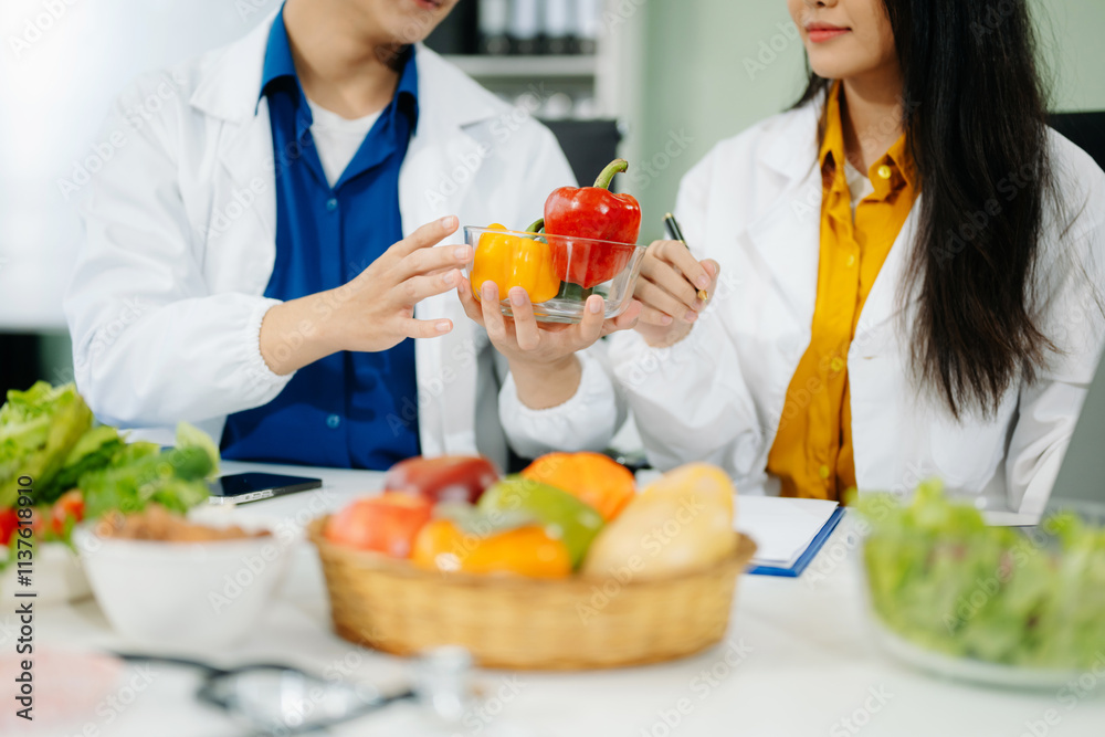 Nutritionists consulting on healthy food choices, meal planning, and wellness concepts Nutritionists consulting on healthy food choices, meal planning, and wellness concepts
