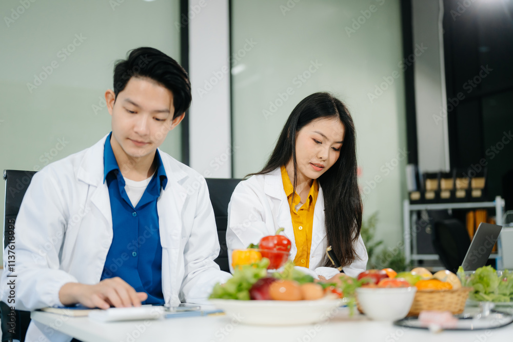 Nutritionists consulting on healthy food choices, meal planning, and wellness concepts Nutritionists consulting on healthy food choices, meal planning, and wellness concepts