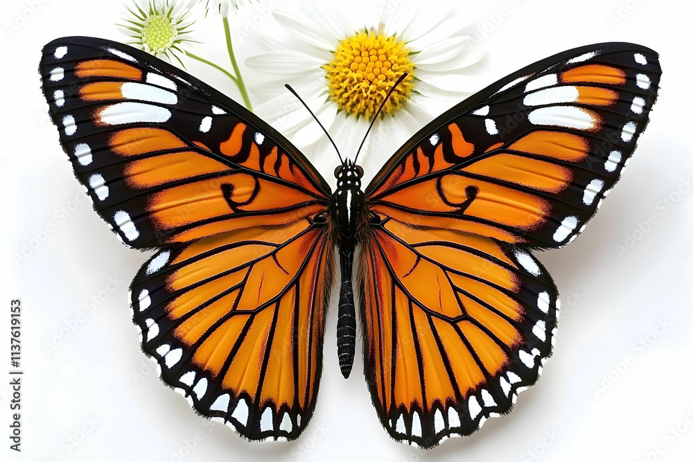 Fototapeta premium Close-Up of Monarch Butterfly Wings Displayed with White Daisies in Background Highlighting Natural Beauty and Vibrant Colors