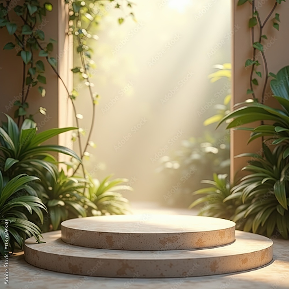 Sustainable Podium Design with Natural Greenery Background Sustainable Podium Design with Natural Greenery Background