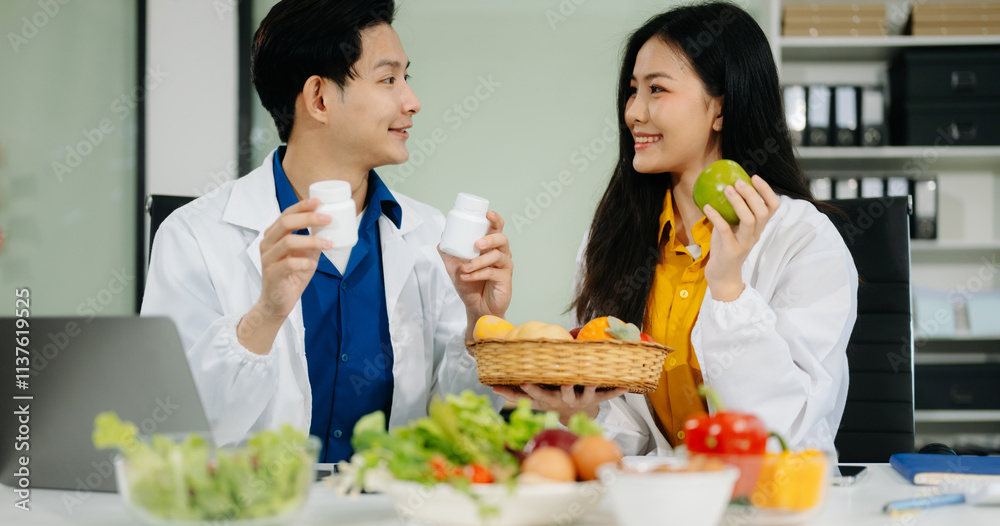 Nutritionists consulting on healthy food choices, meal planning, and wellness concepts