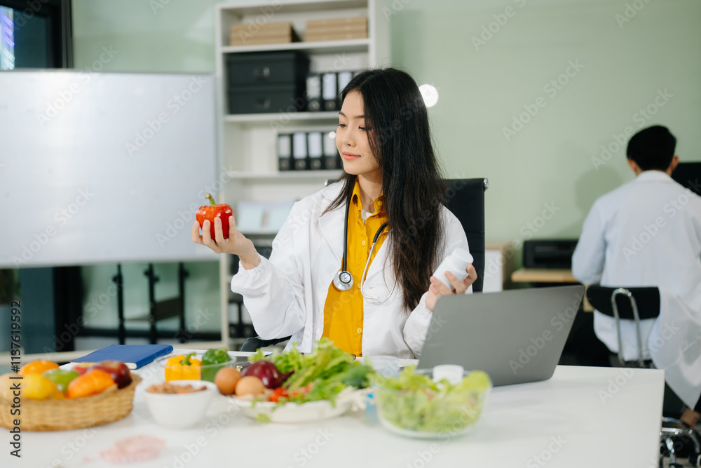 Professional nutritionist reviewing fresh vegetables and supplements for diet planning, health care, Professional nutritionist reviewing fresh vegetables and supplements for diet planning, health care,