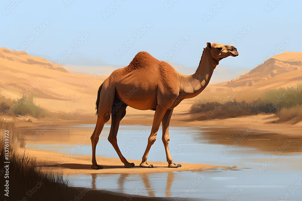 Majestic camel standing near serene water with desert dunes in background under clear blue sky Majestic camel standing near serene water with desert dunes in background under clear blue sky