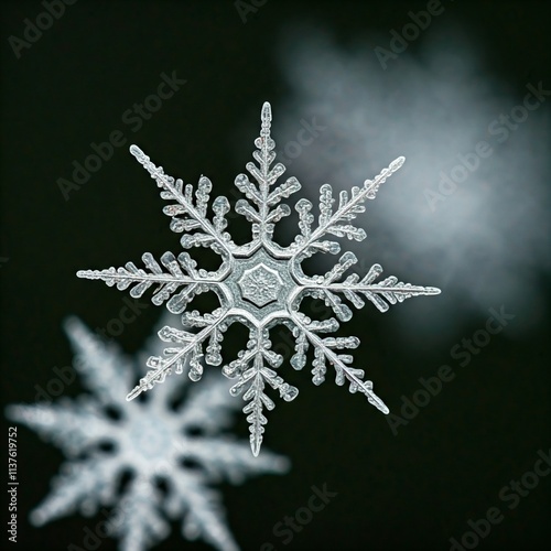 Delicate Snowflake Floating in the Night Sky with Soft Bokeh