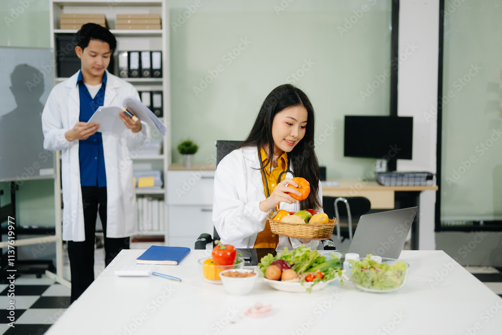 Professional nutritionist reviewing fresh vegetables and supplements for diet planning, health care, Professional nutritionist reviewing fresh vegetables and supplements for diet planning, health care,