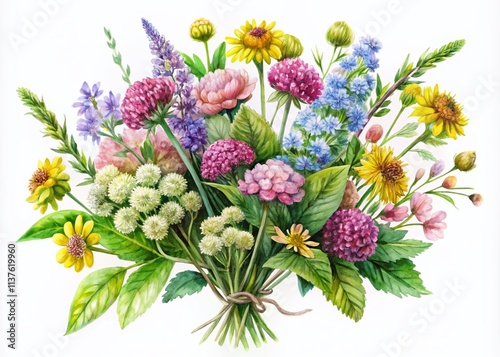 Panoramic Watercolor Bouquet: Yarrow, Lungwort, Clover Wedding Invitation Clipart