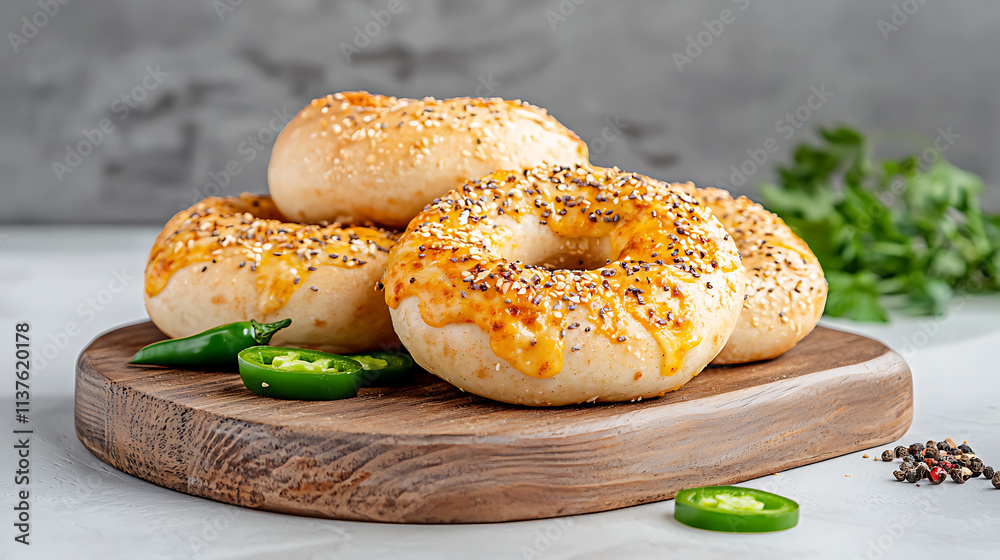 Savory cheese bagels with jalapenos kitchen table food photography bright natural light close-up culinary delights Savory cheese bagels with jalapenos kitchen table food photography bright natural light close-up culinary delights