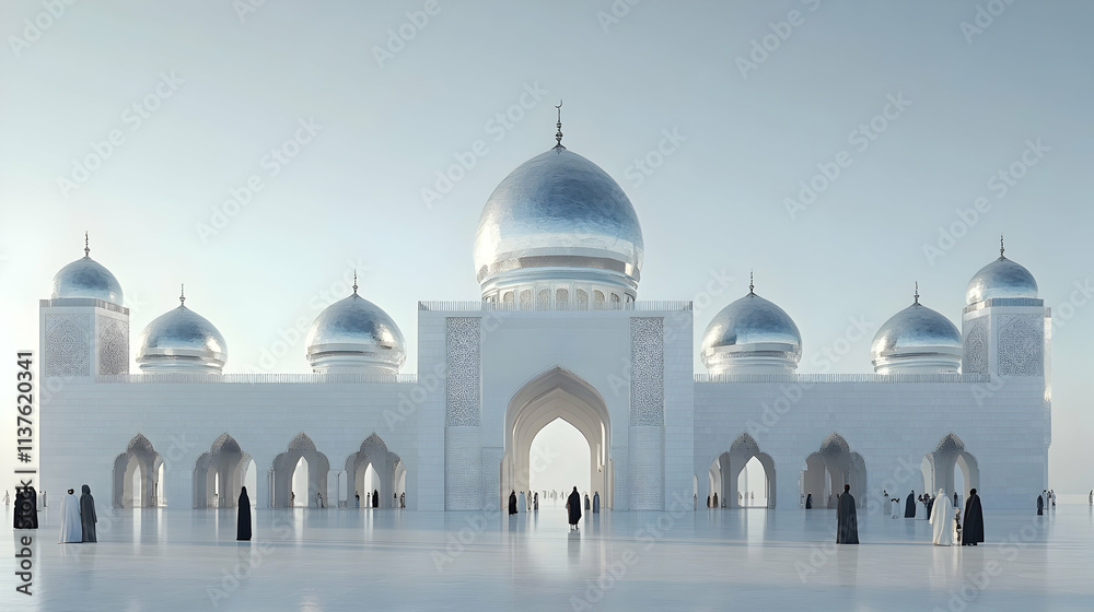 Obraz premium Majestic White Mosque with Silver Domes and People