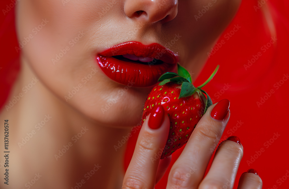 Closeup of juicy young woman lips with a strawberry. The vibrant colors and sensuality make it perfect for Valentines Day or advertising banners. Closeup of juicy young woman lips with a strawberry. The vibrant colors and sensuality make it perfect for Valentines Day or advertising banners.