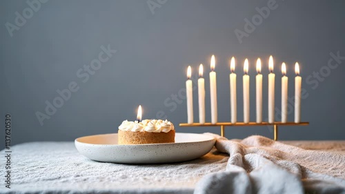 A minimalist Hanukkah setup featuring a sleek menorah with picture photo