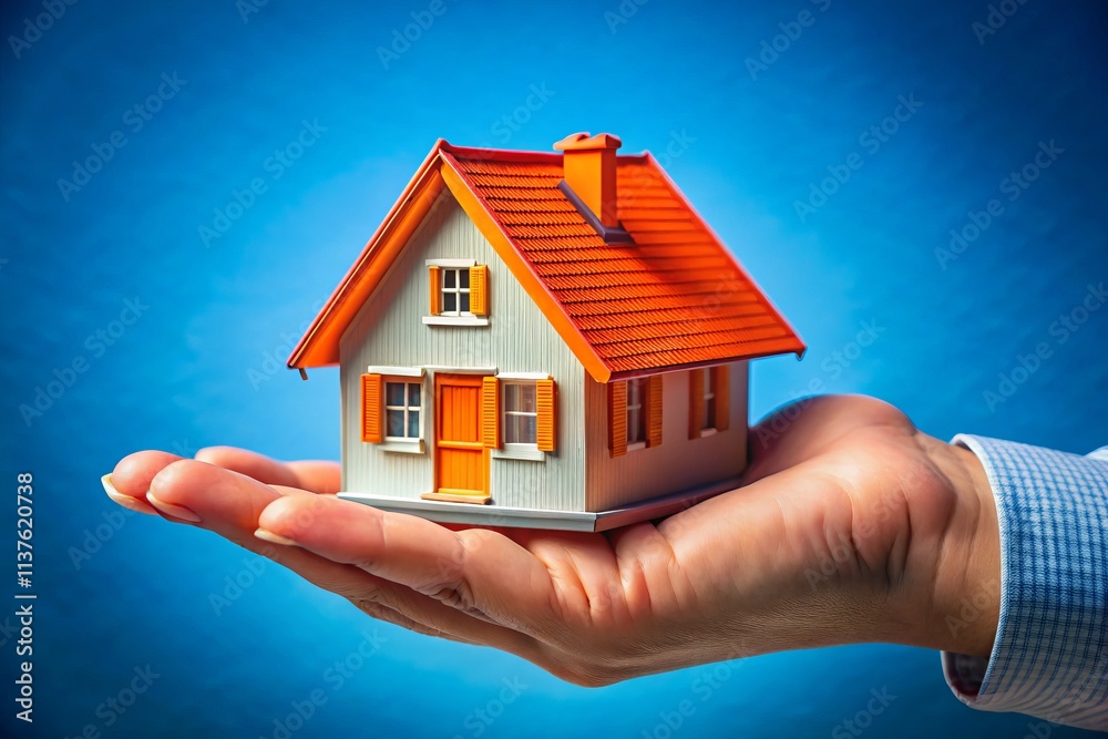 A Hand Holding a Miniature House with Orange Roof and Red Door Against Blue Background Symbolizing Real Estate, Home Protection, and Mortgage Concepts A Hand Holding a Miniature House with Orange Roof and Red Door Against Blue Background Symbolizing Real Estate, Home Protection, and Mortgage Concepts