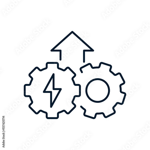 Gears, lightning, up arrow. Innovations in industrial processes. Vector linear icon isolated on white background.