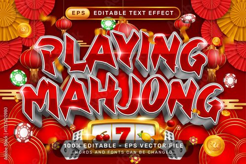 playing mahjong 3d text effect and editable text effect with lanterns and Chinese ornaments