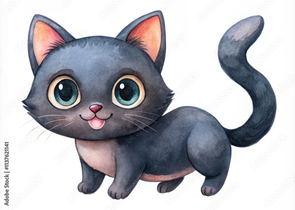 Obraz premium Adorable Aerial Watercolor of a Cute Cartoon Black Kitten with a Naive Style on Background - Perfect for Baby Animal Lovers and Pet Enthusiasts