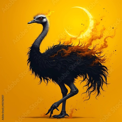 illustration design logo black fire ostrich isolated on red background
