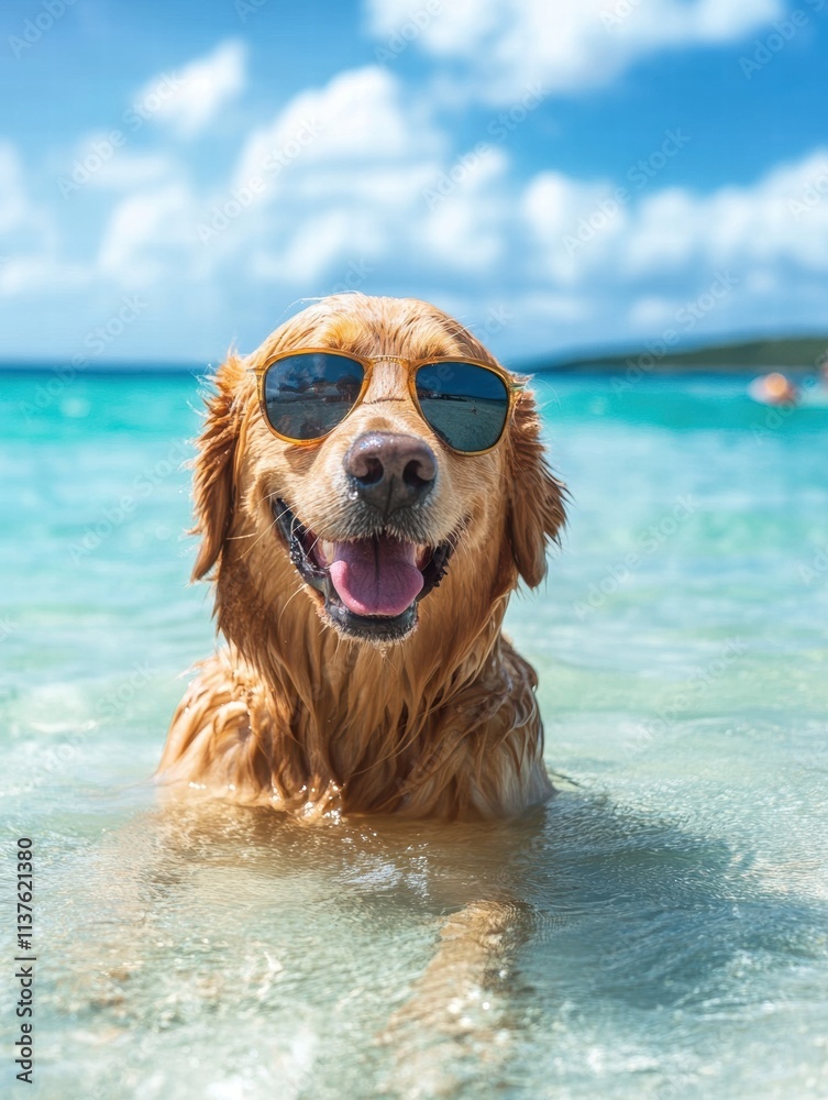 A dog is in the water wearing sunglasses