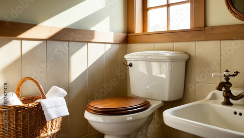 Rustic Bathroom in Morning Light: A cozy, rustic bathroom featuring a close-up of a vintage style toilet with a wooden seat. 