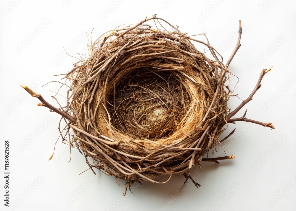 Obraz premium Aerial Photography of an Empty Bird Nest Isolated on White Background, Perfect for Nature or Wildlife Themes, Symbolizing Abandonment and Fragility in the Natural World