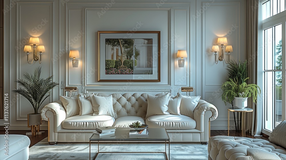 A contemporary-style living room. with sofa, armchairs, glass table. Sconces and chandeliers in a modern style. A contemporary-style living room. with sofa, armchairs, glass table. Sconces and chandeliers in a modern style.