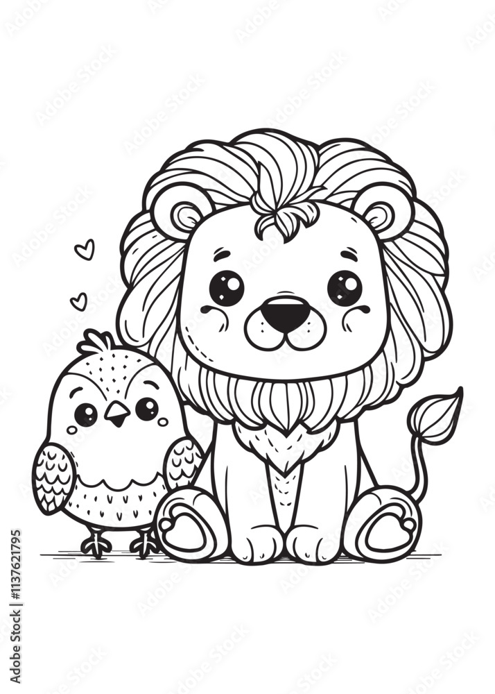Fototapeta premium Coloring page cute lion with little bird 