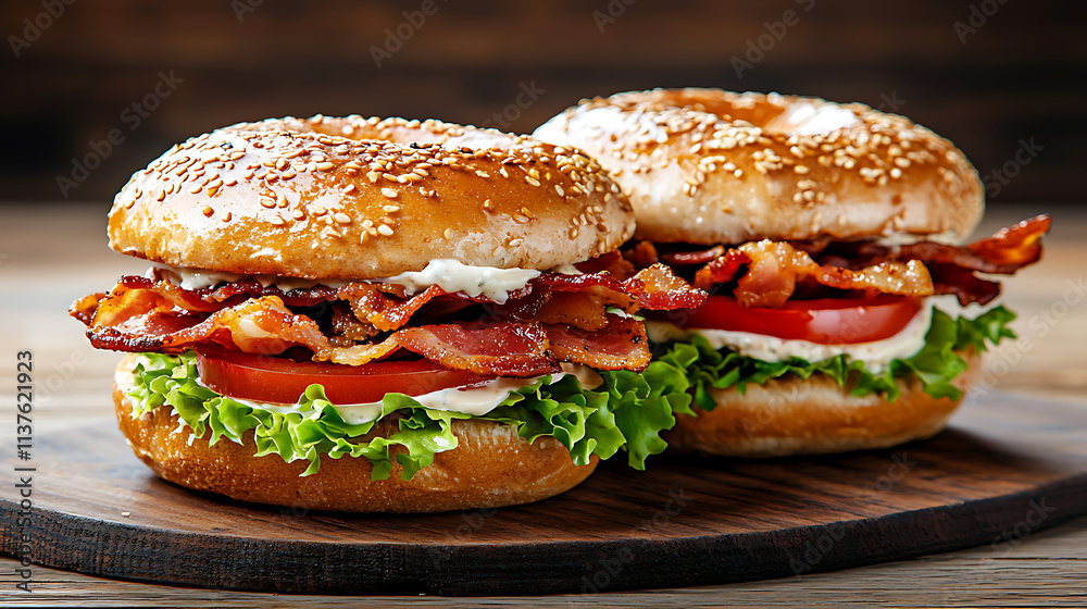 Delicious bacon and tomato burger rustic kitchen food photography wooden background close-up culinary indulgence