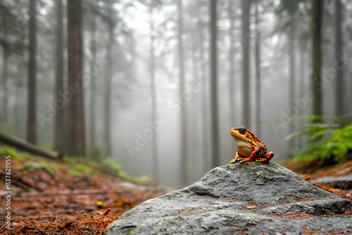 Colorful Frog on Rock in Misty Forest with Tall Trees and Soft Light Creating a Tranquil Atmosphere