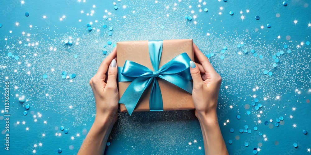 Aerial View of Hands Unpacking a Beautifully Wrapped Gift Box with Blue Satin Ribbon on a Shiny Sequins Background, Ideal for Celebrations and Special Occasions Aerial View of Hands Unpacking a Beautifully Wrapped Gift Box with Blue Satin Ribbon on a Shiny Sequins Background, Ideal for Celebrations and Special Occasions