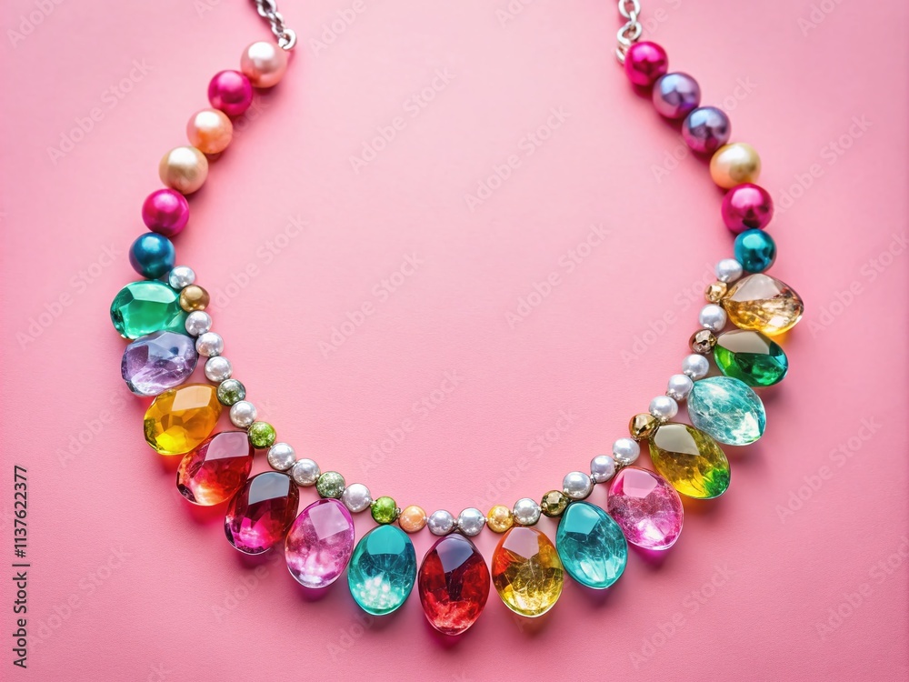 Obraz premium Pastel Pink Gemstone Necklace, Minimalist Jewelry Banner, Top View, Creative Ad