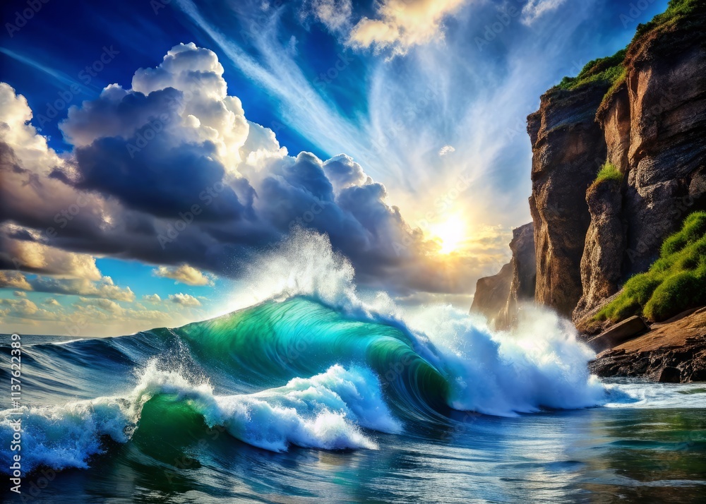 Fototapeta premium Anime Giant Ocean Wave, White Foam, Blue Sky, Silhouette Photography, Stunning Artwork, Digital Painting, High Resolution