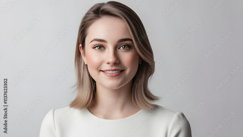 Smiling Woman Portrait: A captivating portrait of a young woman with shoulder-length blonde hair and a radiant smile. Smiling Woman Portrait: A captivating portrait of a young woman with shoulder-length blonde hair and a radiant smile.