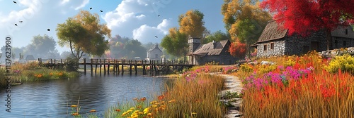 A scenic village riverbank covered in tall grasses and colorful flowers, with wooden bridges and old stone houses nearby