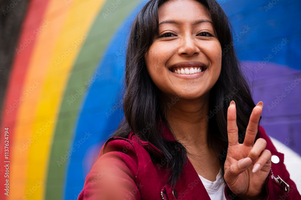 © Westend61 - Happy woman showing peace sign gesture in front of rainbow wall © Westend61 - Happy woman showing peace sign gesture in front of rainbow wall