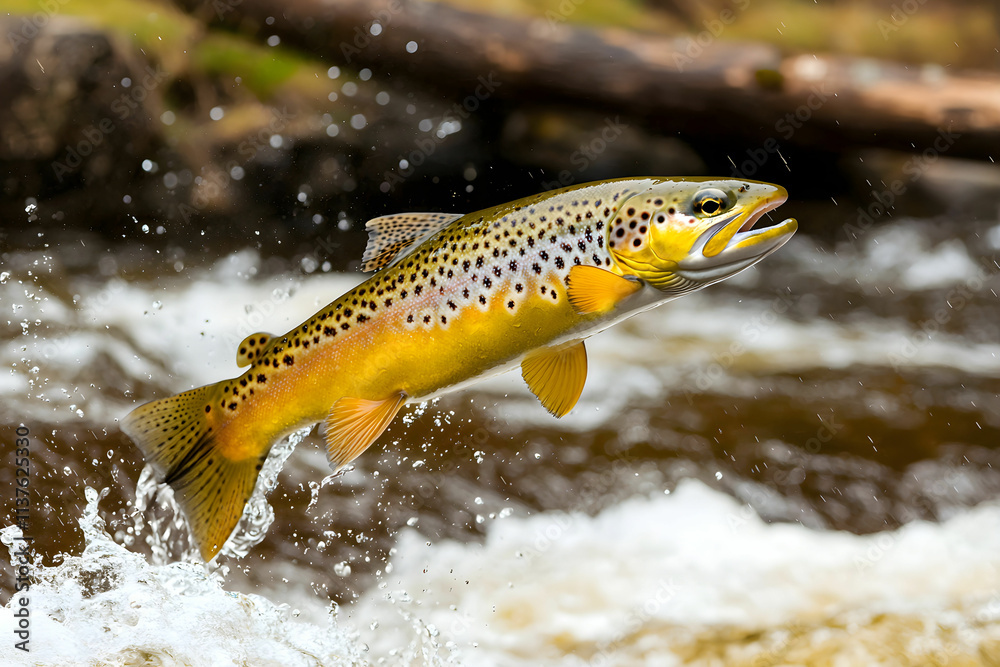 Brown trout jumping out of a river, displaying vibrant colors and water splashes in a natural environment Brown trout jumping out of a river, displaying vibrant colors and water splashes in a natural environment