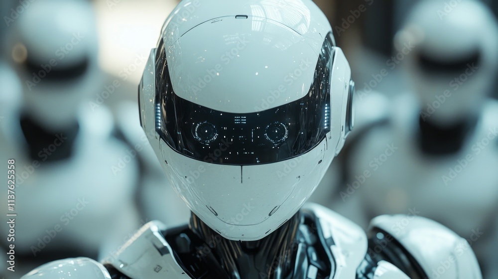 Close-up of a futuristic humanoid robot with white armor and glowing lights Close-up of a futuristic humanoid robot with white armor and glowing lights