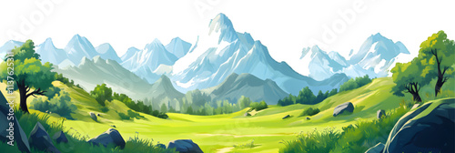 Picturesque landscape with majestic mountain peaks, white or transparent background
