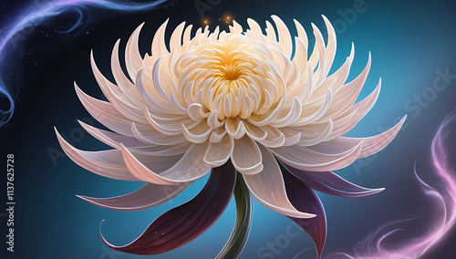 Cool cosmic chrysanthemum flower with a beautiful space ambiance. glow against the starry background, captivating magical  chrysanthemums flower. Created with generative AI photo