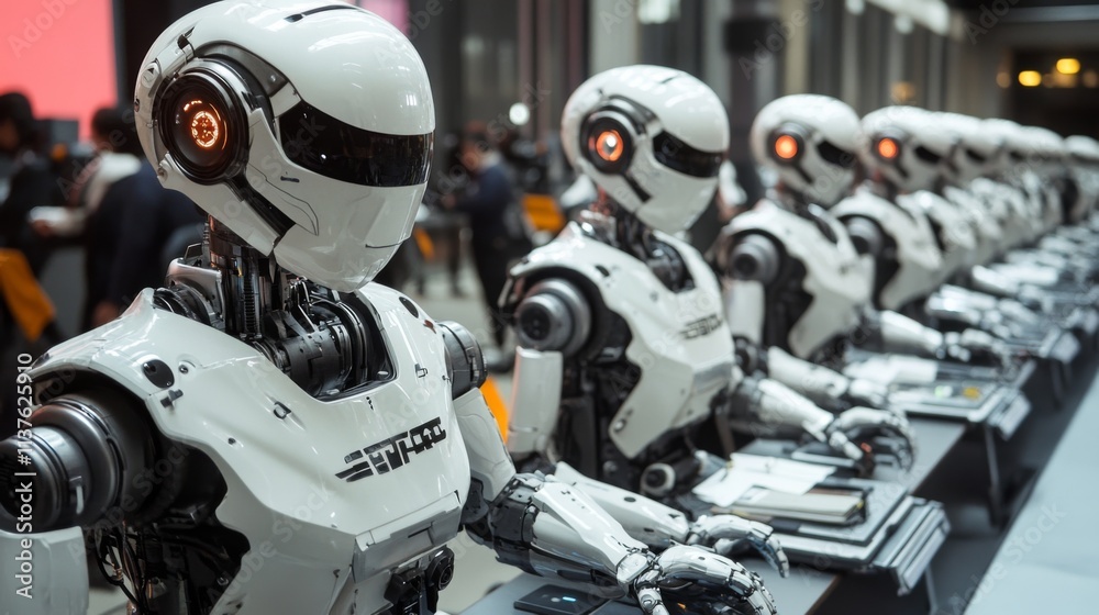 Row of humanoid robots lined up in a futuristic factory Row of humanoid robots lined up in a futuristic factory