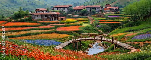 A scenic village surrounded by terraced fields of colorful flowers, with a wooden footbridge crossing a small stream