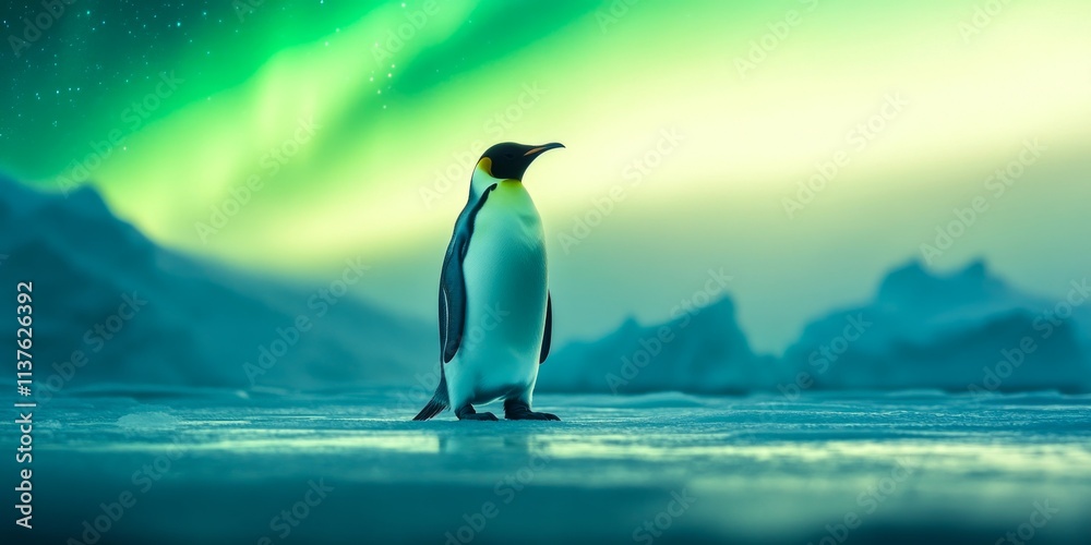 Fototapeta premium A majestic emperor penguin stands against a stunning aurora borealis. The vibrant northern lights paint the night sky in beautiful colors. This image captures the beauty of nature. AI