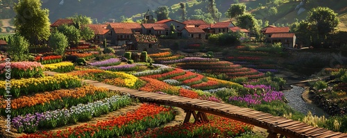 A scenic village surrounded by terraced fields of colorful flowers, with a wooden footbridge crossing a small stream